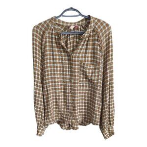 Anthropologie Pilcro Breezy Button Down Shirt Plaid‎ Brown White Salmon Sz Small